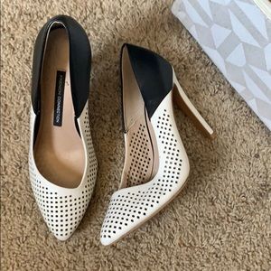 Black and white geo net heels